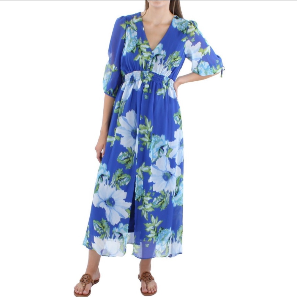TAYLOR Blue Floral V-Neck Front Slit Dress M